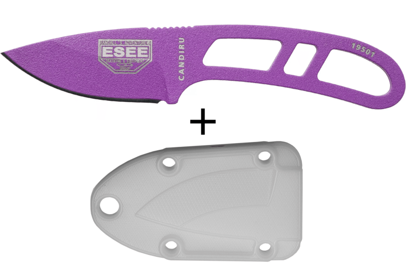 Esee Candiru CAN-PURP-E halskniv 5,1 cm blad i karbonstål gjennombrutt håndtak i fiolett stål + slire