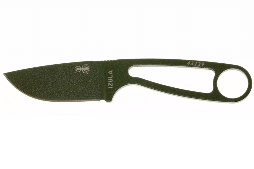 Faca de pescoço Esee Izula IZULA-OD com 6,2 cm de lâmina em aço-carbono e cabo em aço verde-azeitona + bainha