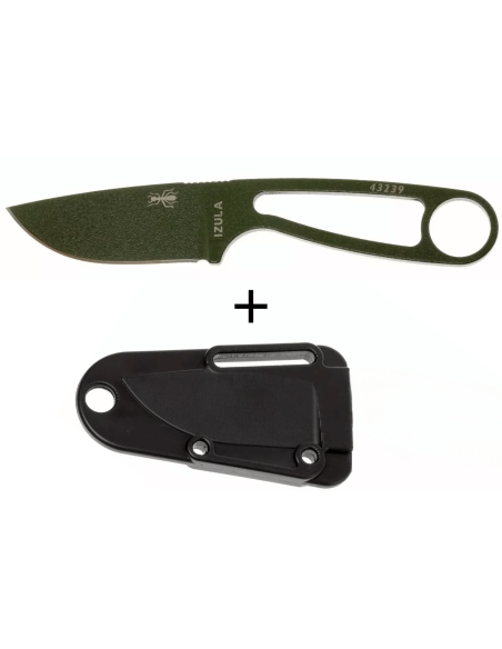 Faca de pescoço Esee Izula IZULA-OD com 6,2 cm de lâmina em aço-carbono e cabo em aço verde-azeitona + bainha