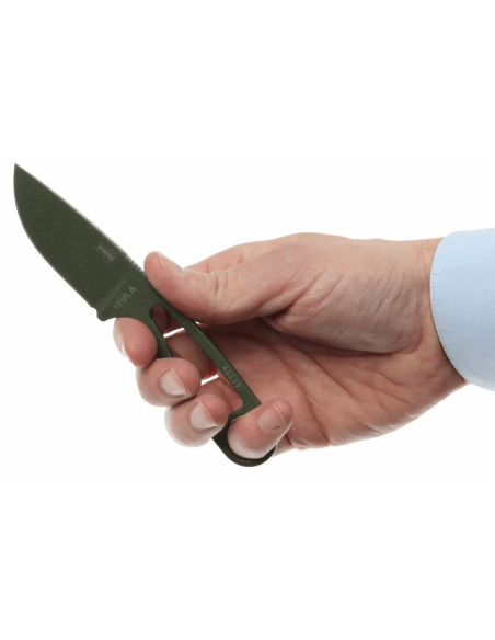 Faca de pescoço Esee Izula IZULA-OD com 6,2 cm de lâmina em aço-carbono e cabo em aço verde-azeitona + bainha
