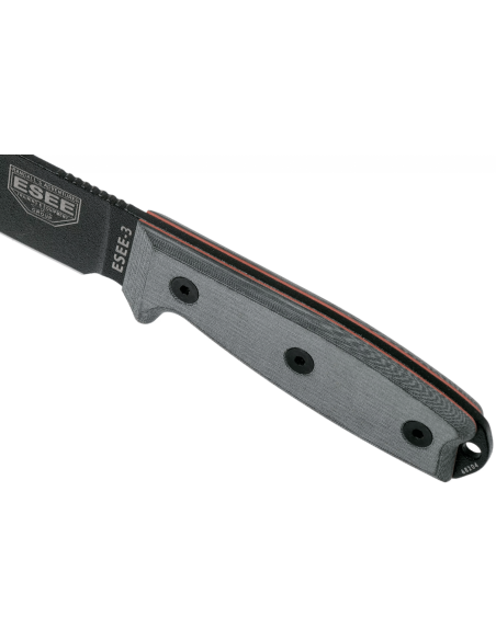 Messer Esee 3 ESEE-3P-MB Klinge Kohlenstoffstahl schwarz 8,8cm Griff Micarta grau + braunes Etui