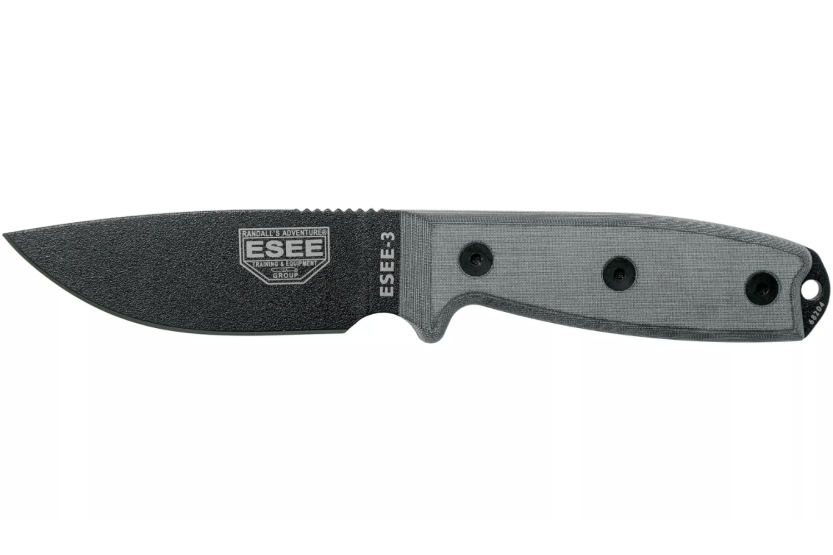 Coltello Esee 3 ESEE-3P-MB lama in acciaio al carbonio nero 8,8 cm manico in micarta grigio + fodero marrone