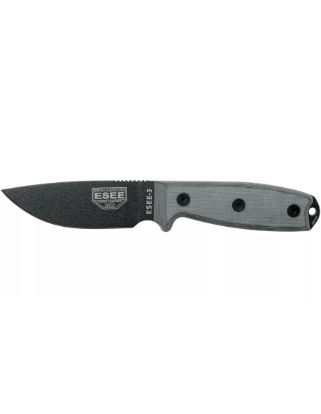 Messer Esee 3 ESEE-3P-MB Klinge Kohlenstoffstahl schwarz 8,8cm Griff Micarta grau + braunes Etui