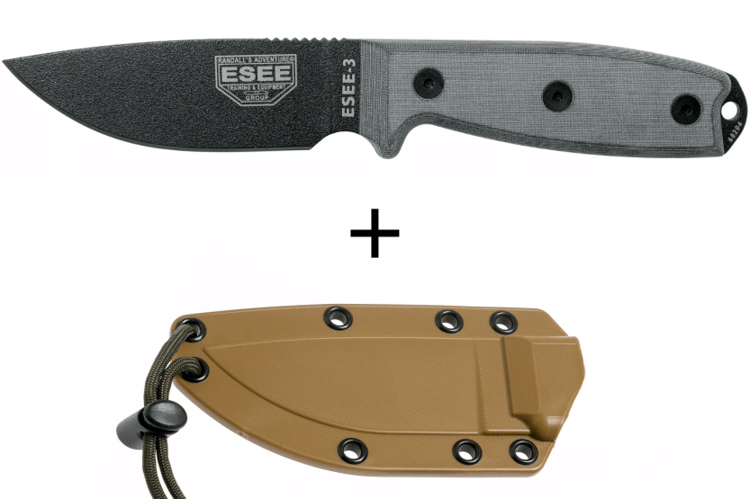 Coltello Esee 3 ESEE-3P-MB lama in acciaio al carbonio nero 8,8 cm manico in micarta grigio + fodero marrone