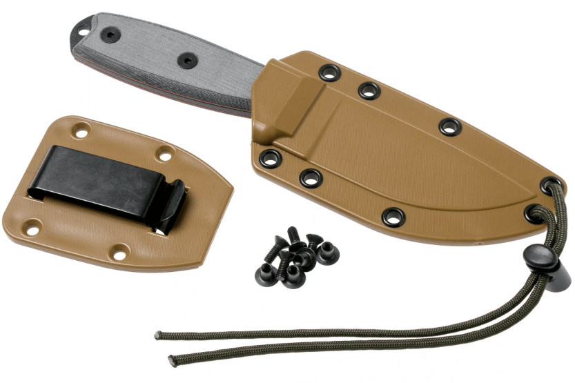 Messer Esee 3 ESEE-3S-MB halbverzahnte Klinge schwarzer Kohlenstoffstahl 8,8cm Griff Micarta grau + braunes Etui