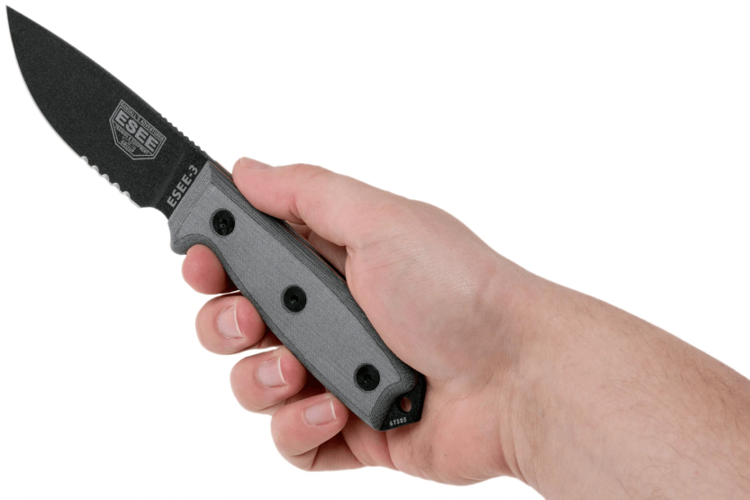 Esee 3 ESEE-3S-MB kniv 8,8 cm svart karbonstål med halvsaget blad, grått micartahåndtak + brun slire