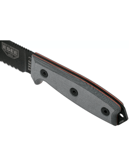 Messer Esee 3 ESEE-3S-MB halbverzahnte Klinge schwarzer Kohlenstoffstahl 8,8cm Griff Micarta grau + braunes Etui