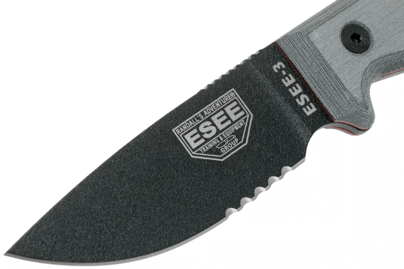 Cuchillo Esee 3 ESEE-3S-MB 8.8cm hoja semidentada acero carbono negro mango micarta gris + funda marrón