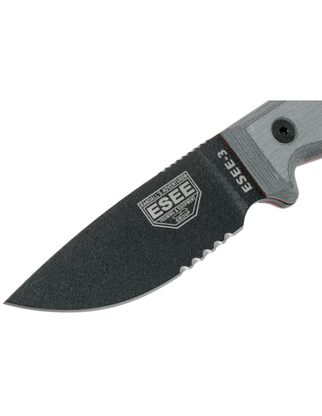 Esee 3 ESEE-3S-MB kniv 8,8cm svart kolstål halvslipat blad grått micarta handtag + brun slida