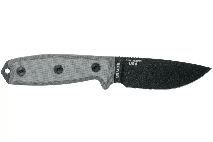 Cuchillo Esee 3 ESEE-3S-MB 8.8cm hoja semidentada acero carbono negro mango micarta gris + funda marrón