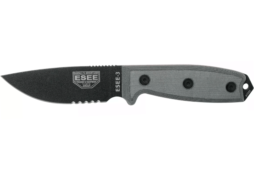 Esee 3 ESEE-3S-MB veitsi 8.8cm musta hiiliteräksestä puolihammastettu terä harmaa micarta kahva + ruskea tuppi