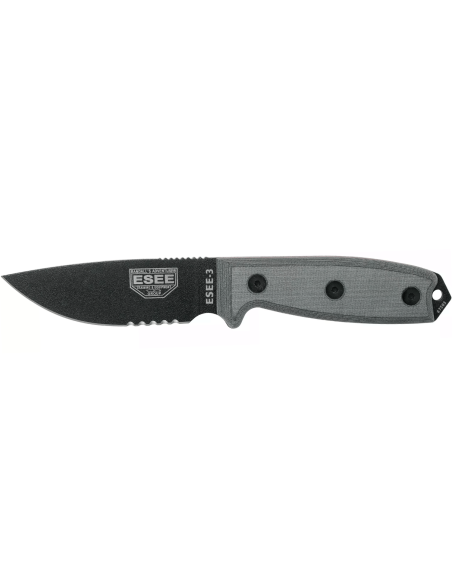 Esee 3 ESEE-3S-MB kniv 8,8cm svart kolstål halvslipat blad grått micarta handtag + brun slida