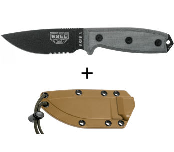 Faca Esee 3 ESEE-3S-MB Lâmina semi-serrilhada de 8,8 cm em aço-carbono preto cabo em micarta cinzento + bainha castanha