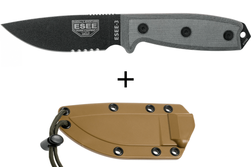 Esee 3 ESEE-3S-MB kniv 8,8 cm svart karbonstål med halvsaget blad, grått micartahåndtak + brun slire