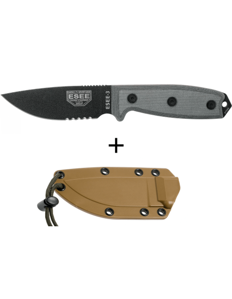 Esee 3 ESEE-3S-MB veitsi 8.8cm musta hiiliteräksestä puolihammastettu terä harmaa micarta kahva + ruskea tuppi