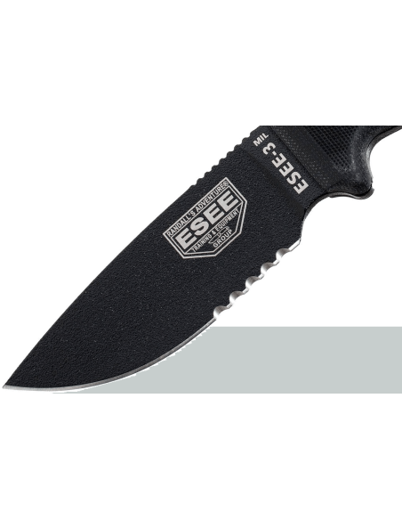 Esee 3 ESEE-3MIL-S-BLK kniv 8,8 cm halvtandet kulstofstålblad sort G10-håndtag + skede