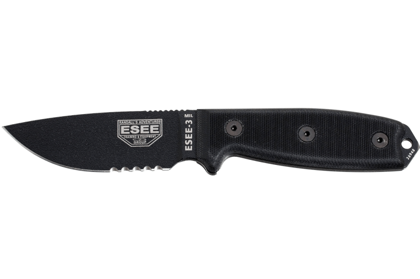 Cuchillo Esee 3 ESEE-3MIL-S-BLK Hoja semidentada de acero al carbono de 8,8 cm Mango G10 negro + funda