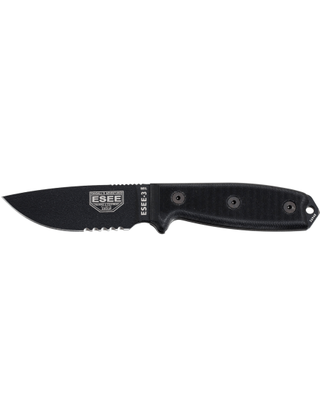 Cuchillo Esee 3 ESEE-3MIL-S-BLK Hoja semidentada de acero al carbono de 8,8 cm Mango G10 negro + funda