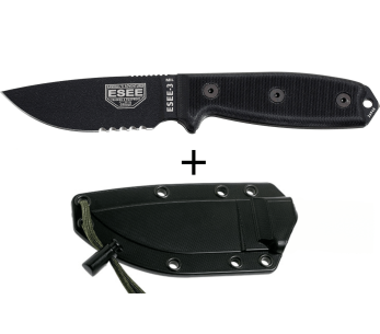Cuchillo Esee 3 ESEE-3MIL-S-BLK Hoja semidentada de acero al carbono de 8,8 cm Mango G10 negro + funda