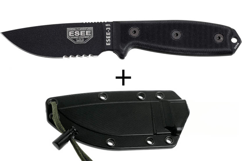 Esee 3 ESEE-3MIL-S-BLK Messer mit halbverzahnter Klinge aus Kohlenstoffstahl 8,8cm Griff G10 schwarz + Etui