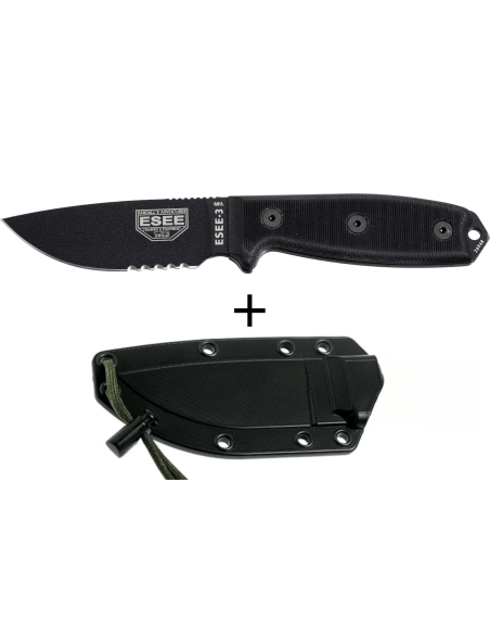 Esee 3 ESEE-3MIL-S-BLK coltello 8,8 cm acciaio al carbonio lama semi-dentata G10 manico nero + fodero