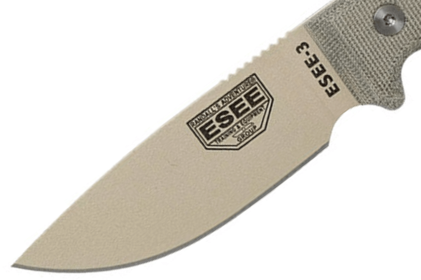 Faca Esee 3 ESEE-3PM-DT Lâmina de 8,8 cm em aço-carbono para deserto, cabo em micarta cinzento + bainha