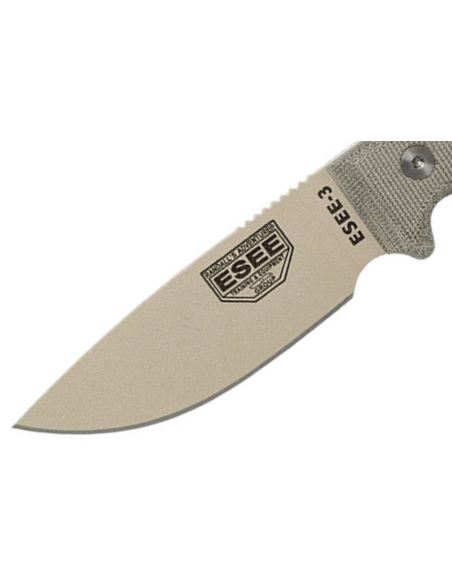 Faca Esee 3 ESEE-3PM-DT Lâmina de 8,8 cm em aço-carbono para deserto, cabo em micarta cinzento + bainha