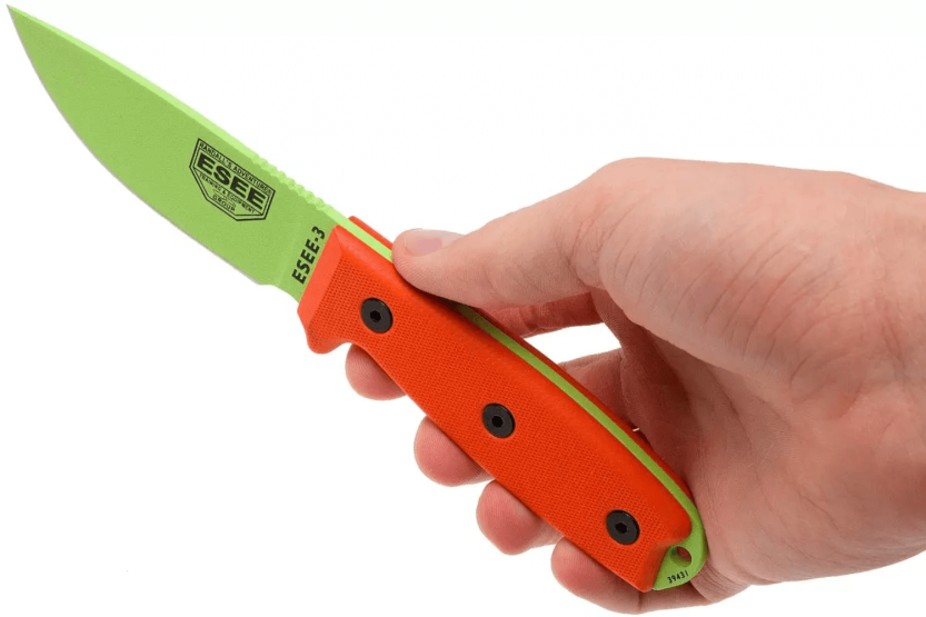 Messer Esee 3 ESEE-3PM-VG Klinge aus Kohlenstoffstahl venom green 8,8cm Griff G10 orange + Etui