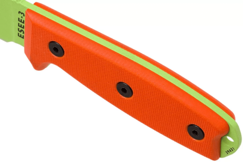 Faca Esee 3 ESEE-3PM-VG verde veneno Lâmina de aço carbono de 8,8 cm cabo G10 laranja + bainha