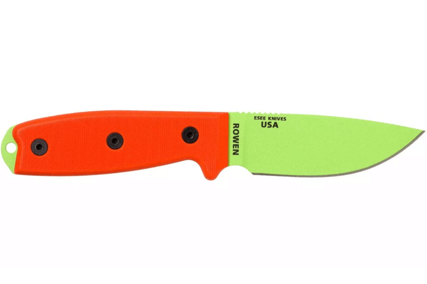 Faca Esee 3 ESEE-3PM-VG verde veneno Lâmina de aço carbono de 8,8 cm cabo G10 laranja + bainha