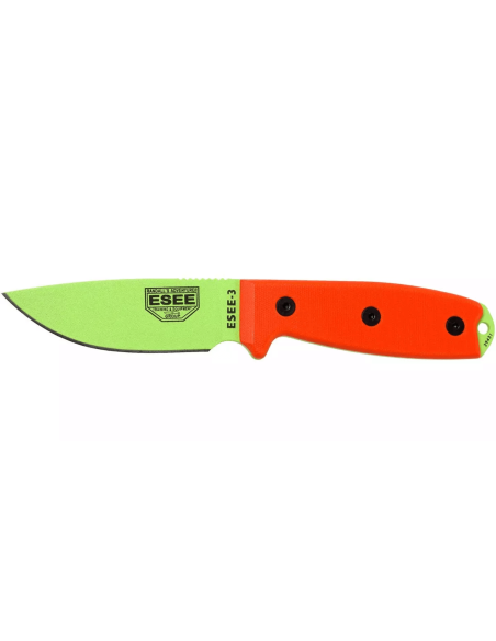 Faca Esee 3 ESEE-3PM-VG verde veneno Lâmina de aço carbono de 8,8 cm cabo G10 laranja + bainha