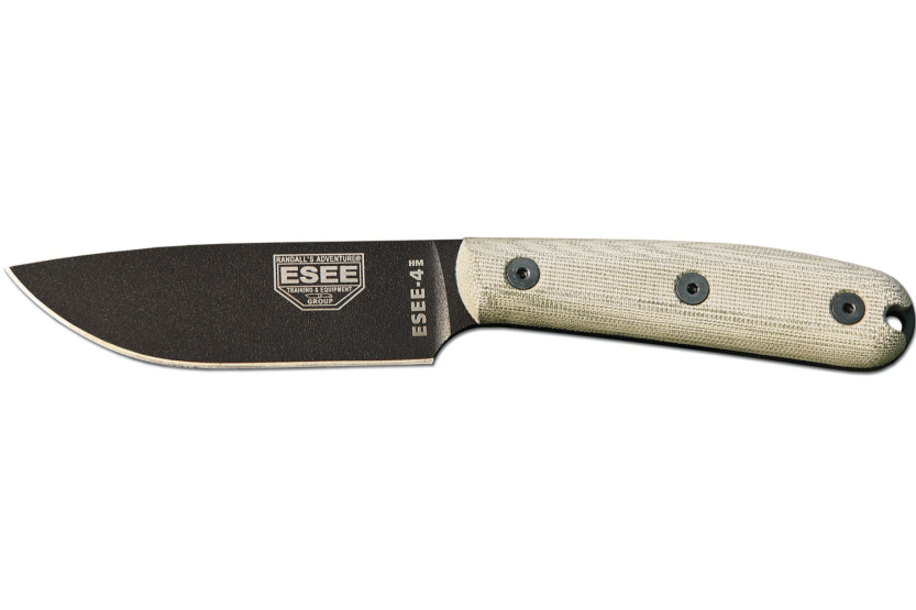 Faca Esee 4 ESEE-4HM-B Lâmina de 11,1 cm em aço-carbono preto Cabo em micarta cinzento + bainha em pele