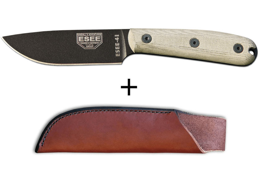 Messer Esee 4 ESEE-4HM-B Klinge Karbonstahl schwarz 11,1cm Griff Micarta grau + Lederetui