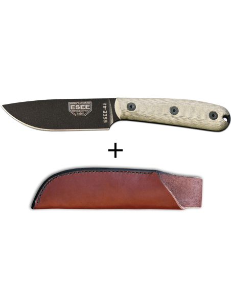 Faca Esee 4 ESEE-4HM-B Lâmina de 11,1 cm em aço-carbono preto Cabo em micarta cinzento + bainha em pele