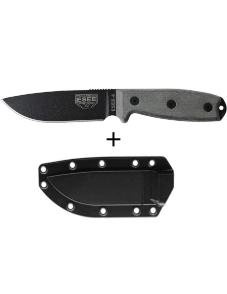 Messer Esee 4 ESEE-4P-B Klinge Kohlenstoffstahl schwarz 11,6cm Griff Micarta grau + Etui