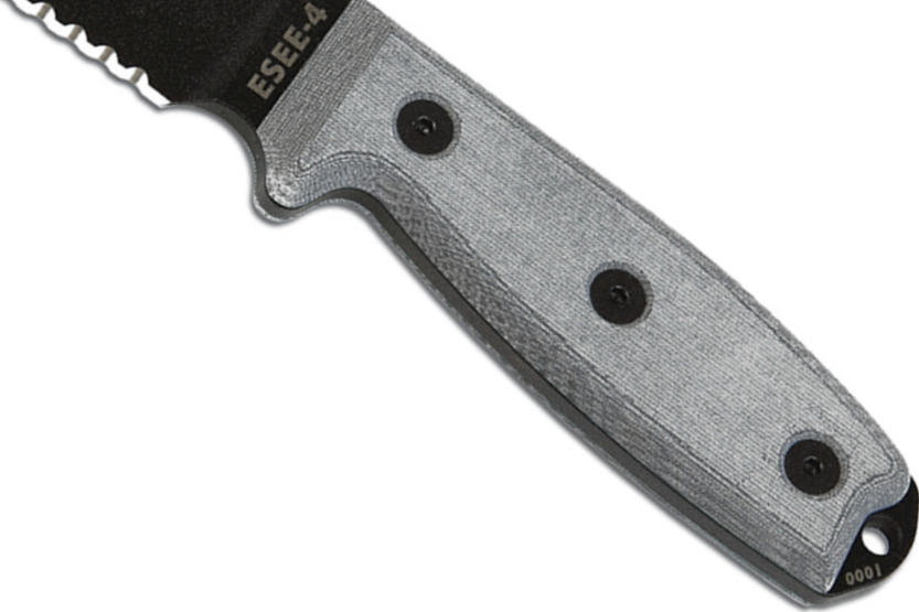 Esee 4 ESEE-4S-B puukko 11.6cm musta hiiliteräksestä puolihammastettu terä harmaa micarta kahva + tuppi