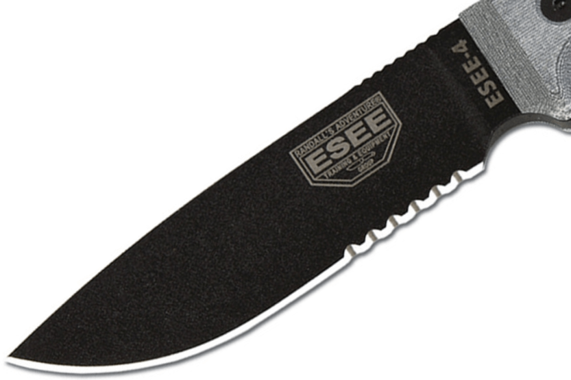 Esee 4 ESEE-4S-B kniv 11,6 cm sort kulstofstål halvsavet blad gråt micartahåndtag + skede