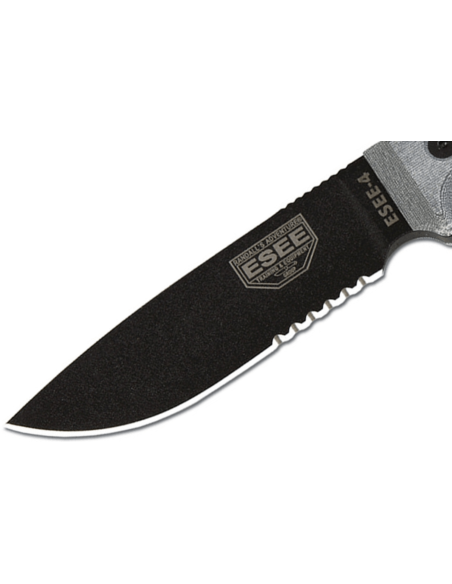 Esee 4 ESEE-4S-B puukko 11.6cm musta hiiliteräksestä puolihammastettu terä harmaa micarta kahva + tuppi