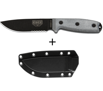 Faca Esee 4 ESEE-4S-B Lâmina semi-dentada em aço-carbono preto de 11,6 cm cabo em micarta cinzento + bainha