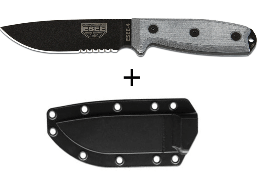 Faca Esee 4 ESEE-4S-B Lâmina semi-dentada em aço-carbono preto de 11,6 cm cabo em micarta cinzento + bainha