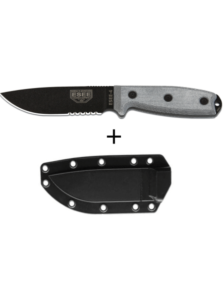 Esee 4 ESEE-4S-B kniv 11,6cm svart kolstål halvslipat blad grått micarta handtag + slida