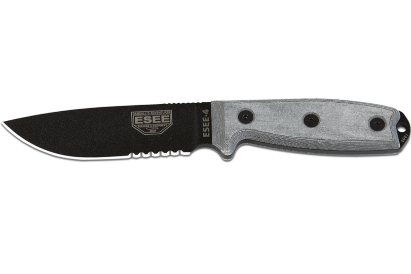 Esee 4 ESEE-4S-B Messer mit halbverzahnter Klinge aus schwarzem Kohlenstoffstahl 11,6cm Griff Micarta grau + Etui