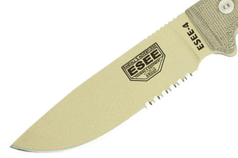 Coltello Esee 4 ESEE-4S-DT 11,6 cm lama semi-seghettata in acciaio al carbonio del deserto manico in micarta grigio + fodero