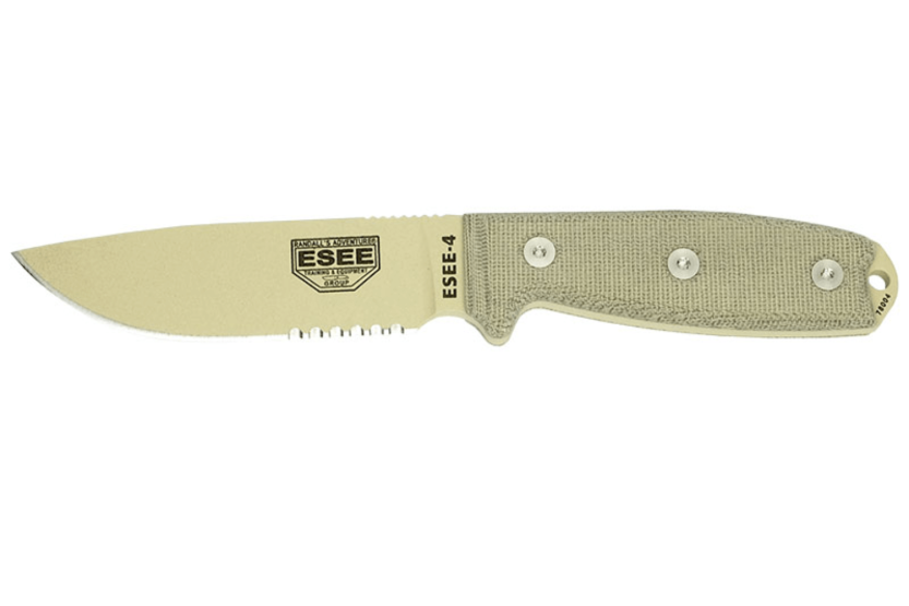 Esee 4 ESEE-4S-DT knife 11.6cm semi-serrated desert carbon steel blade grey micarta handle + sheath