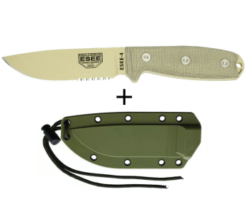 Faca Esee 4 ESEE-4S-DT Lâmina semi-serrilhada de 11,6 cm em aço-carbono do deserto, cabo em micarta cinzento + bainha
