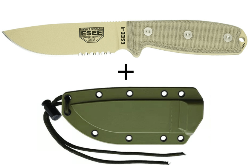 Esee 4 ESEE-4S-DT kniv 11,6 cm halvslebet blad af ørkenkulstofstål, gråt micarta-håndtag + skede