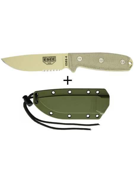 Coltello Esee 4 ESEE-4S-DT 11,6 cm lama semi-seghettata in acciaio al carbonio del deserto manico in micarta grigio + fodero