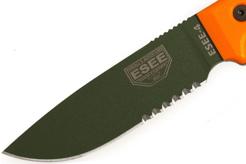 Messer Esee 4 ESEE-4S-OD halbverzahnte Klinge grüner Kohlenstoffstahl 11,6cm Griff G10 orange + Etui