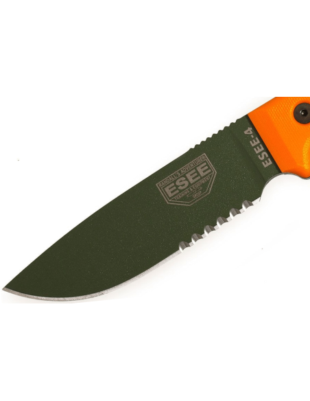Cuchillo Esee 4 ESEE-4S-OD 11.6cm hoja semidentada acero carbono verde mango G10 naranja + funda