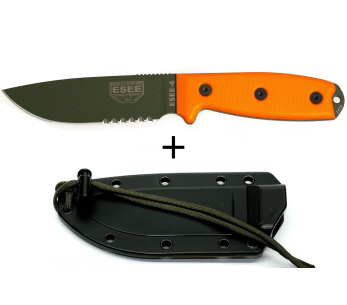 Faca Esee 4 ESEE-4S-OD Lâmina semi-dentada em aço-carbono verde de 11,6 cm, cabo em G10 laranja + bainha
